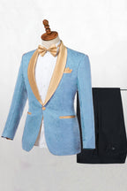 Sky Blue Jacquard One Button Gold Shawl Lapel Men Suits