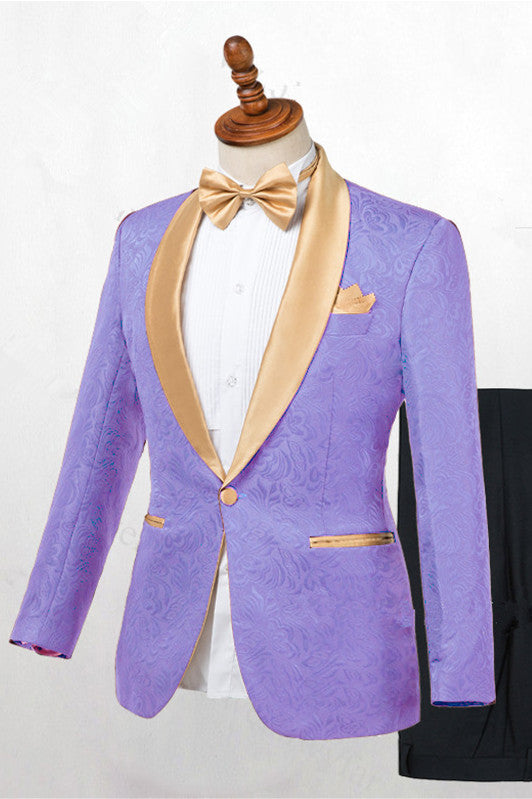 Lavender Purple Jacquard One Button Gold Shawl Lapel Men Suits