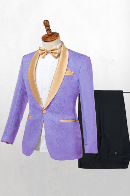Lavender Purple Jacquard One Button Gold Shawl Lapel Men Suits