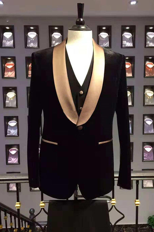 3 Piece Black Velvet One Button Gold Satin Shawl Lapel Men Suits Main image