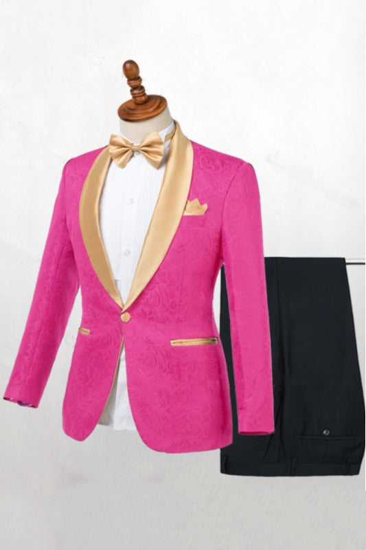 Fuchsia Pink Jacquard One Button Gold Shawl Lapel Men Suits