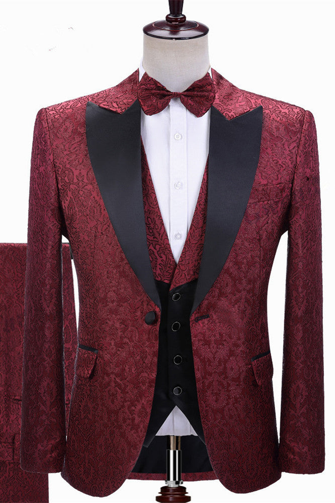 Burgundy Jacquard Black Peaked Lapel 3 Piece Men Suits Main image