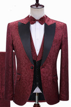 Burgundy Jacquard Black Peaked Lapel 3 Piece Men Suits