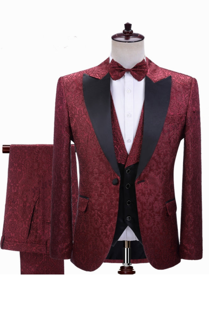 Burgundy Jacquard Black Peaked Lapel 3 Piece Men Suits Secondary image