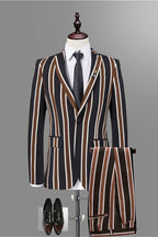 Stylish Black Notched Lapel Striped Suits For Men