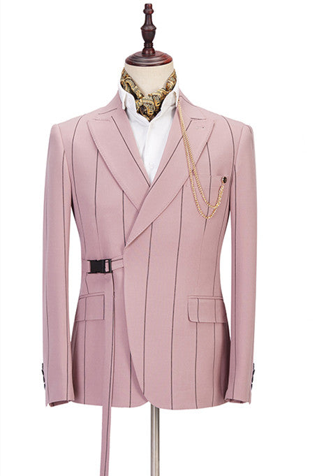 Pink Newest Peaked Lapel Striped Suits For Men With Buckle Button