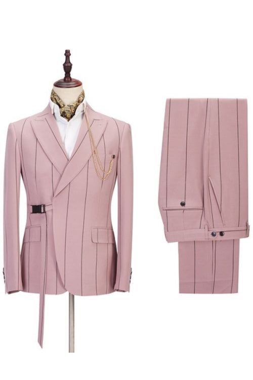 Pink Newest Peaked Lapel Striped Suits For Men With Buckle Button