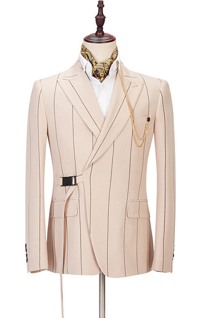 Chic Champagne Peaked Lapel Striped Suits For Men With Buckle Button