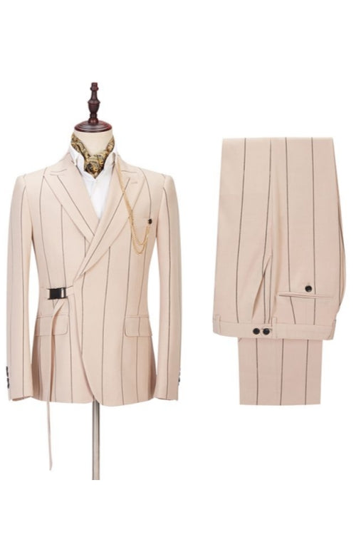 Chic Champagne Peaked Lapel Striped Suits For Men With Buckle Button