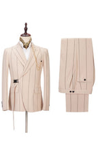 Chic Champagne Peaked Lapel Striped Suits For Men With Buckle Button
