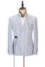 Light Blue Peaked Lapel Striped Best Fitted Men Suits With Buckle Button