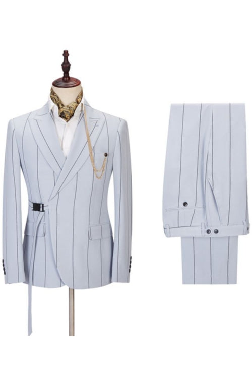 Light Blue Peaked Lapel Striped Best Fitted Men Suits With Buckle Button Secondary image