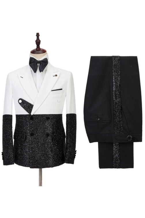 White and Sparkle Black Peaked Lapel Double Breasted Men Suits Secondary image