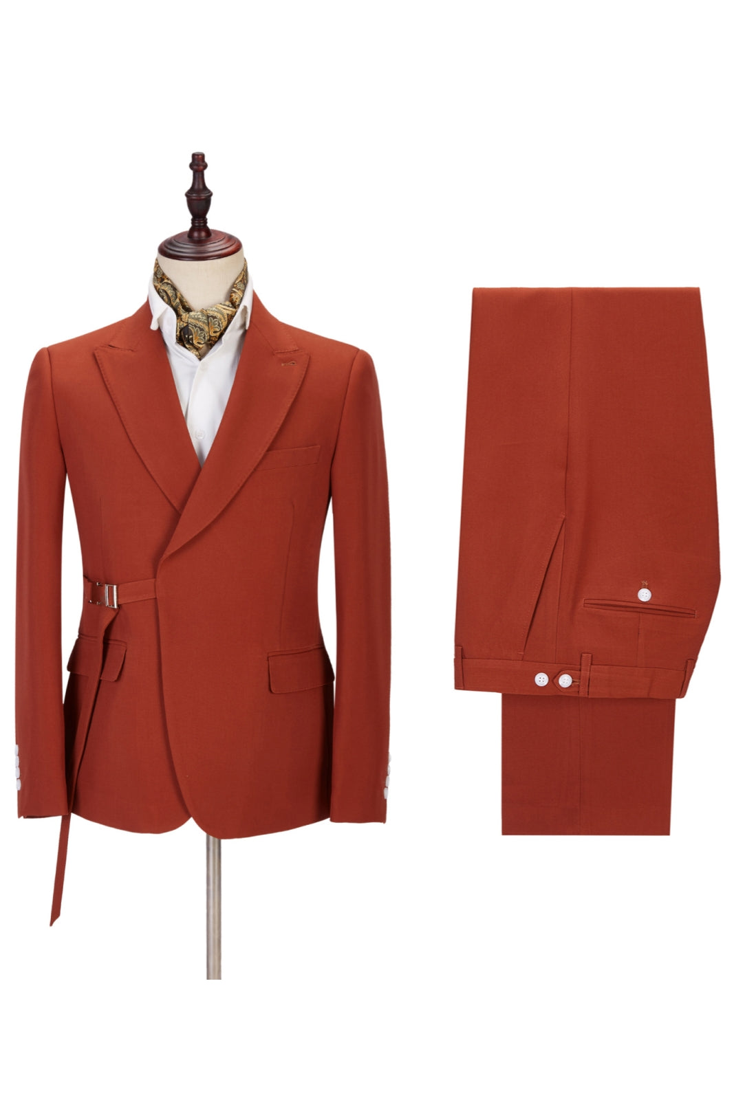 Fancy Rust Red Peaked Lapel Buckle Belt Men Suits