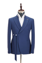 Dark Blue Peaked Lapel Men Suits With Belt