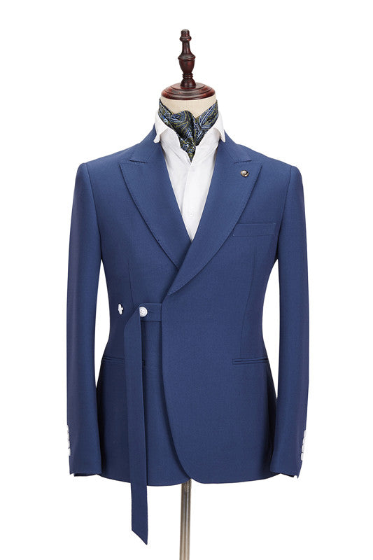 Dark Blue Peaked Lapel Men Suits With Belt