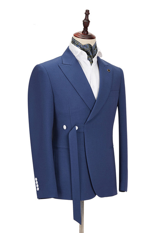 Dark Blue Peaked Lapel Men Suits With Belt