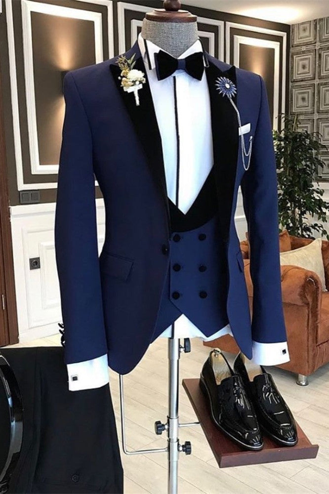 Best Fitted Dark Navy Peaked Lapel Stylish 3 Piece Men Suits
