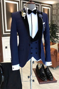 Best Fitted Dark Navy Peaked Lapel Stylish 3 Piece Men Suits