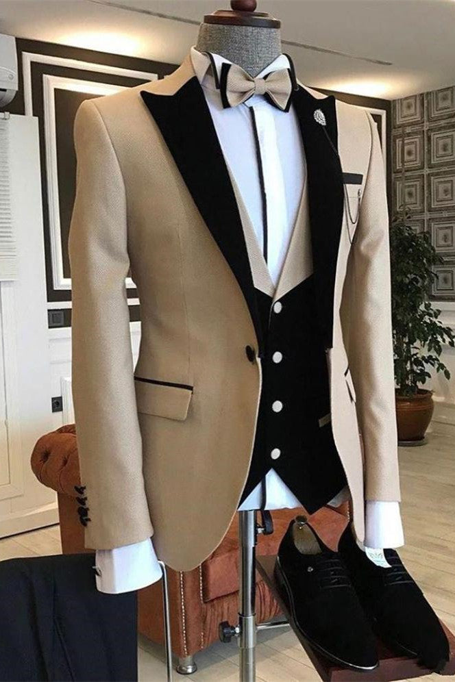 Khaki One Button Peaked Lapel Bespoke 3 Piece Men Suits Main image