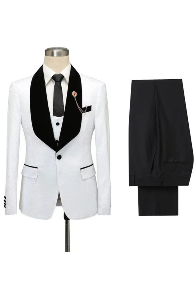 White One Button Black Shawl Lapel 3 Piece Men Suits