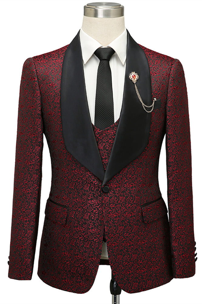 Burgundy Jacquard 3 Piece One Button Black Shawl Lapel Men Suits Main image