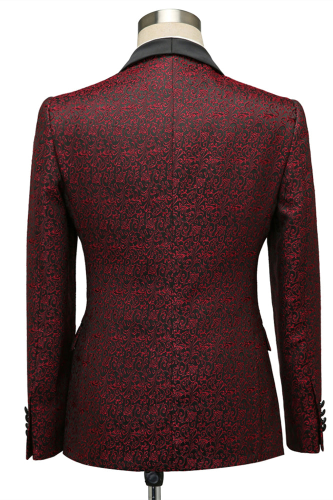 Burgundy Jacquard 3 Piece One Button Black Shawl Lapel Men Suits Secondary image