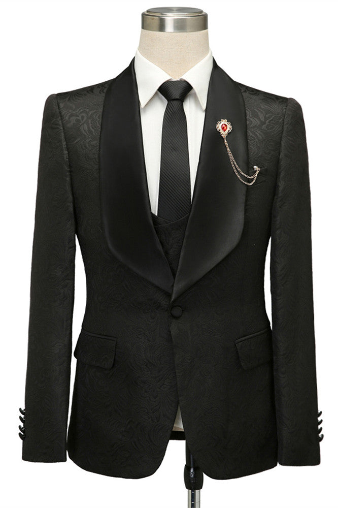 Black Shawl Lapel Jacquard 3 Piece One Button Men Suits Main image