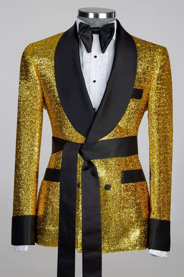 Shiny Gold Double Breasted Black Shawl Lapel Belt Men Suits