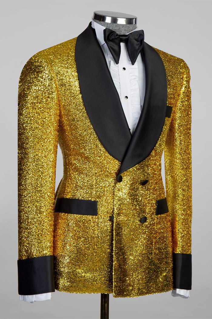 Shiny Gold Double Breasted Black Shawl Lapel Belt Men Suits