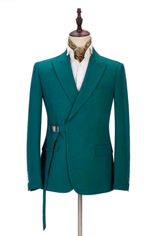 Peacock Green Peaked Lapel Buckle Belt Men Suits