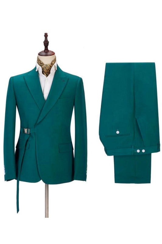 Peacock Green Peaked Lapel Buckle Belt Men Suits