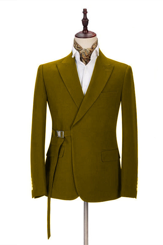 Chic Olive Green Peaked Lapel Buckle Belt Men Suits
