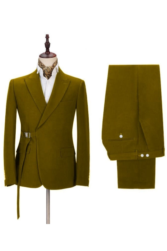 Chic Olive Green Peaked Lapel Buckle Belt Men Suits