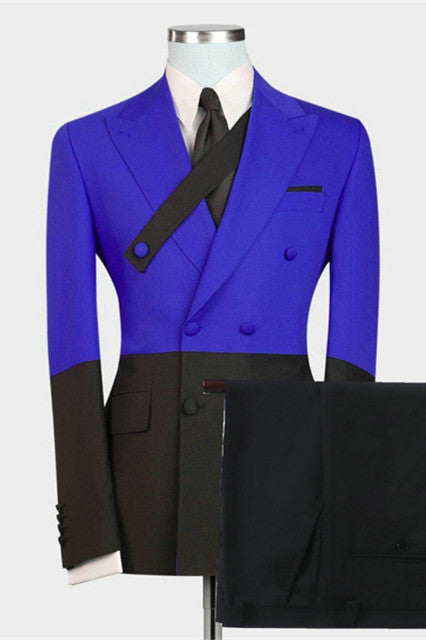 Royal Blue And Black Peaked Lapel Double Breasted Men Suits Main image
