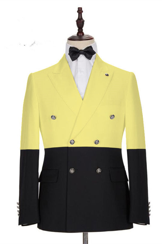 Yellow And Black Peaked Lapel Double Breasted Men Suits