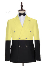 Yellow And Black Peaked Lapel Double Breasted Men Suits