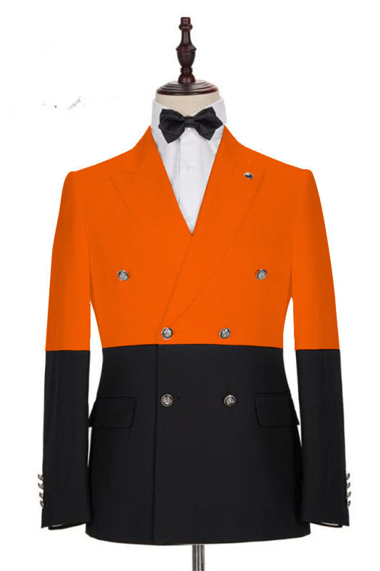 Orange And Black Peaked Lapel Double Breasted Men Suits