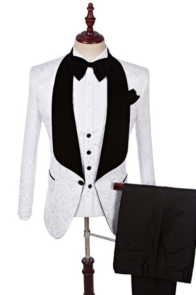 One Button White Jacquard Shawl Lapel Men Suits With Waistcoat