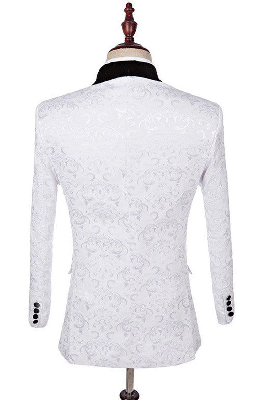 One Button White Jacquard Shawl Lapel Men Suits With Waistcoat