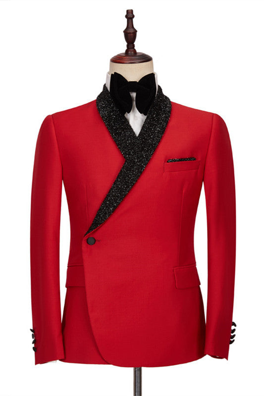 Red One Button Sparkle Black Shawl Lapel Men Suits