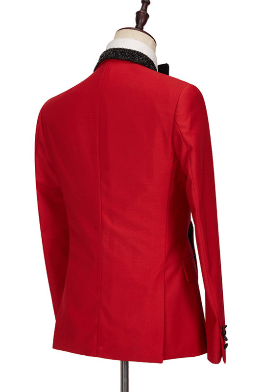 Red One Button Sparkle Black Shawl Lapel Men Suits