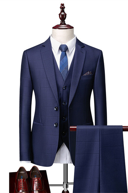 3 Piece Dark Blue Notched Lapel Plaid Bespoke Men Suits Main image