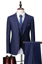 3 Piece Dark Blue Notched Lapel Plaid Bespoke Men Suits