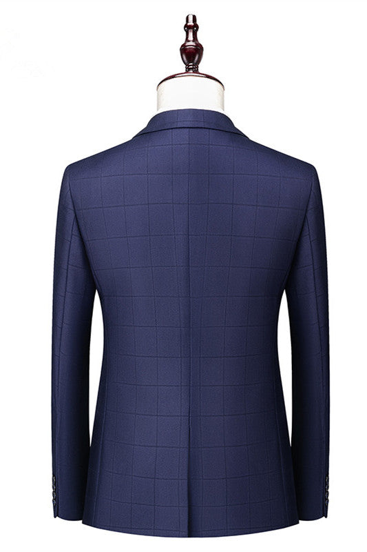 3 Piece Dark Blue Notched Lapel Plaid Bespoke Men Suits