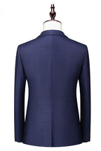3 Piece Dark Blue Notched Lapel Plaid Bespoke Men Suits