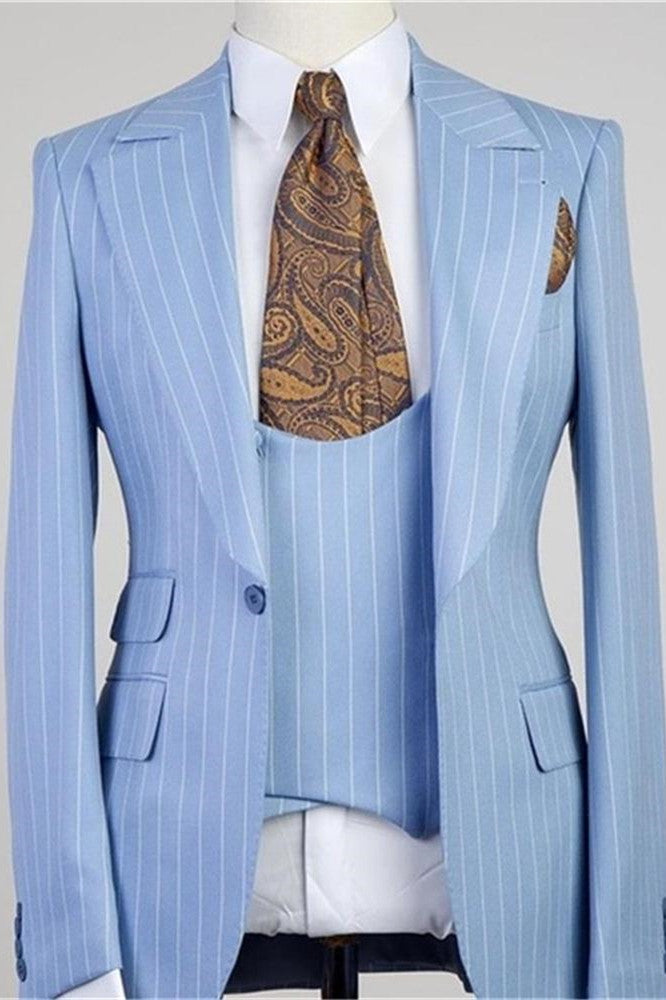 Best Fitted Sky Blue Striped 3 Piece Fancy Men Suits Main image