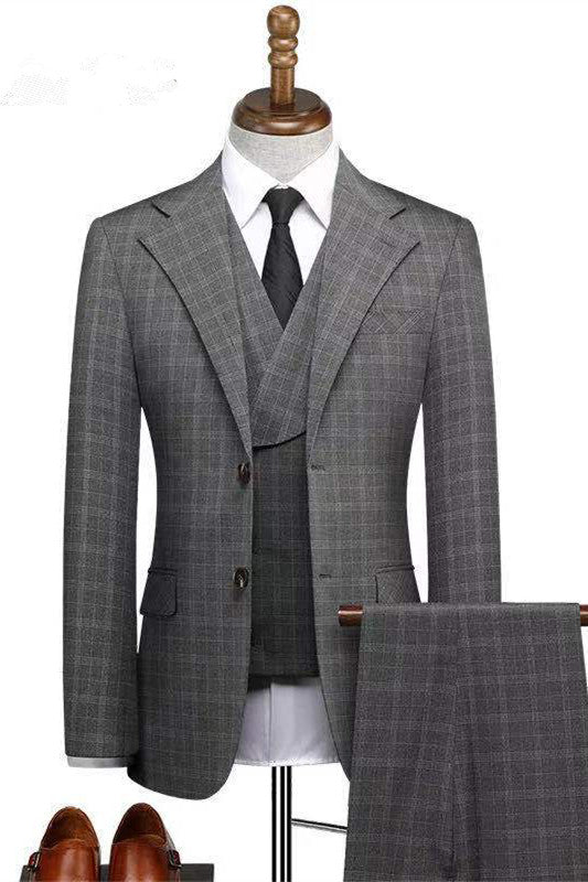 Popular Gray 3 Piece Plaid Notched Lapel Men Suits Main image