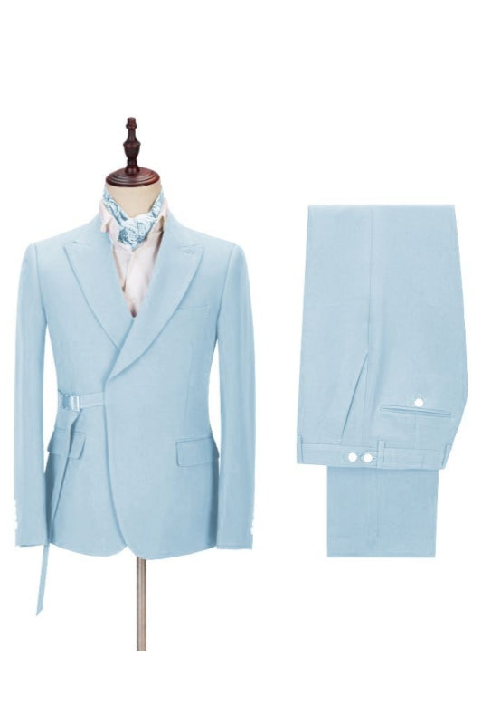 Light Sky Blue Peaked Lapel Buckle Belt Men Suits