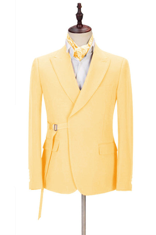 Gentle Yellow Peaked Lapel Buckle Belt Men Suits